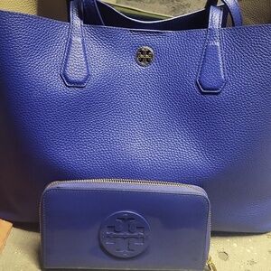 Tory Burch Blue Leather Reversible Tote & Wallet